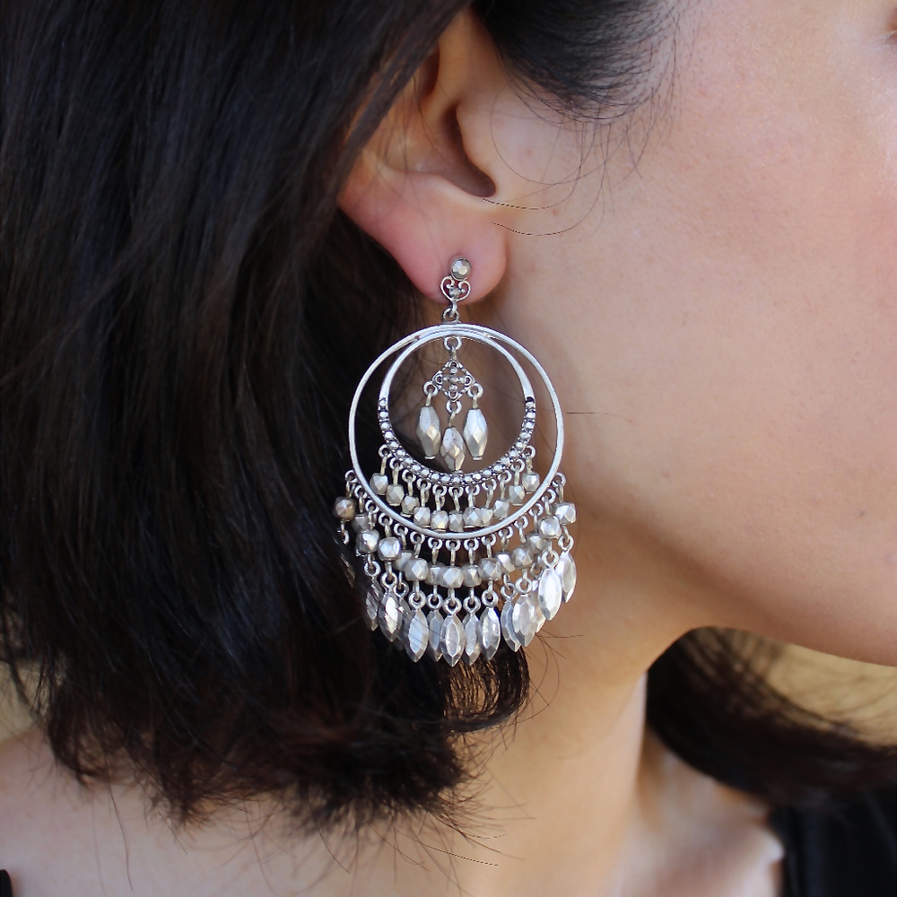 Boho Tribal Silver Statement Dangle Earrings - image 1